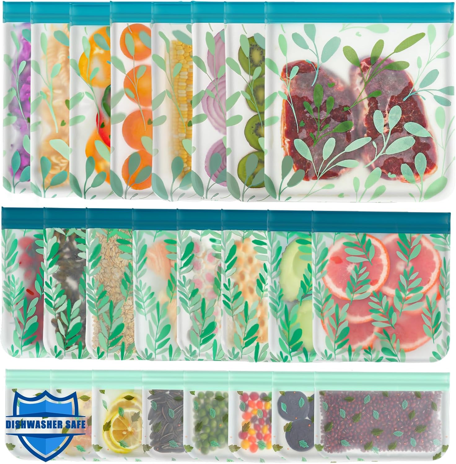 Dishwasher Safe Reusable Food Storage Bags, Leakproof Reusable Freezer Bags, Food Bags -Pack of 10 Dishwasher Safe Reusable Food Storage Bags, Leakproof Reusable Freezer Bags, Food Bags -Pack of 10